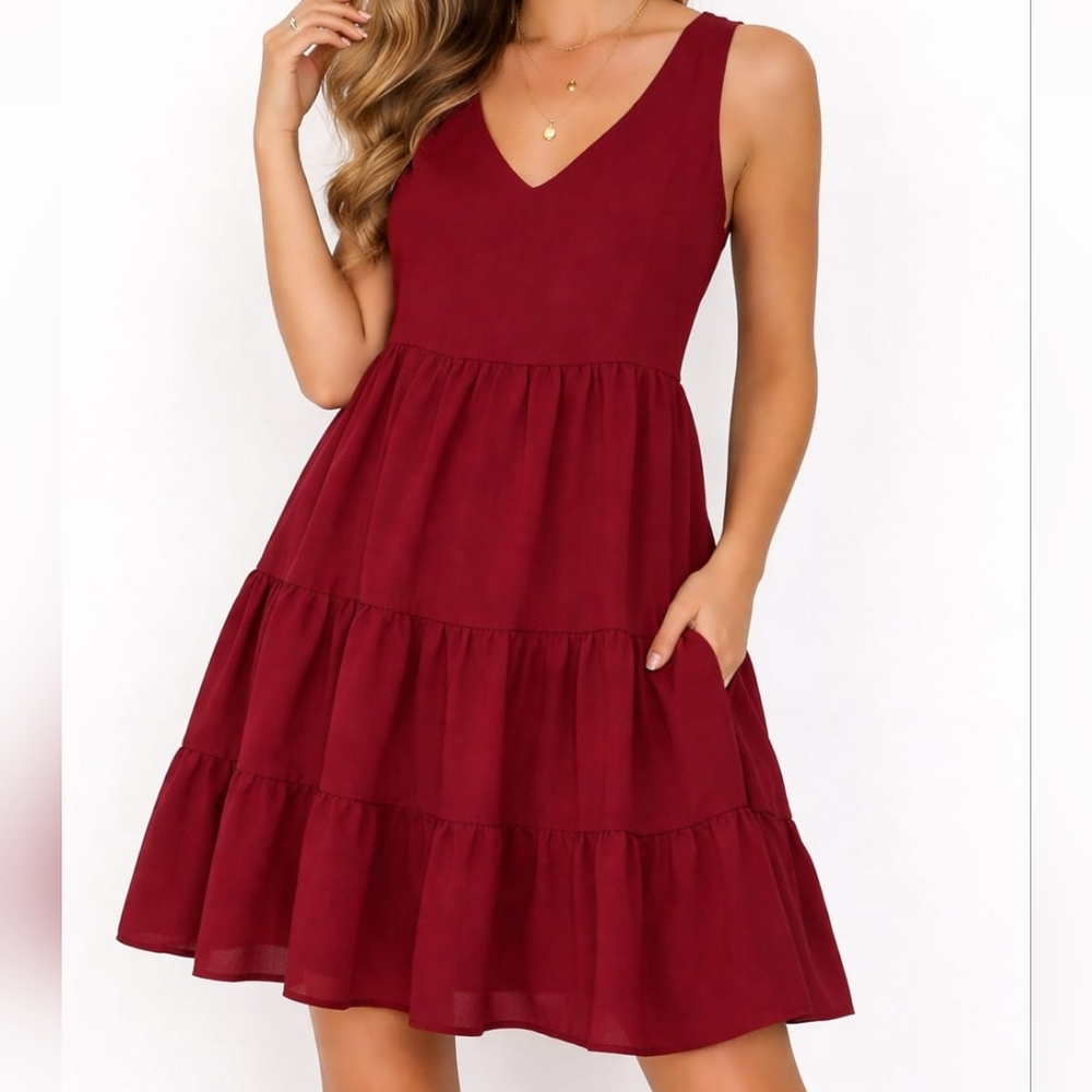 Burgundy Tiered Sleeveless Dress V-Neck Flowy Casual Elegant Women